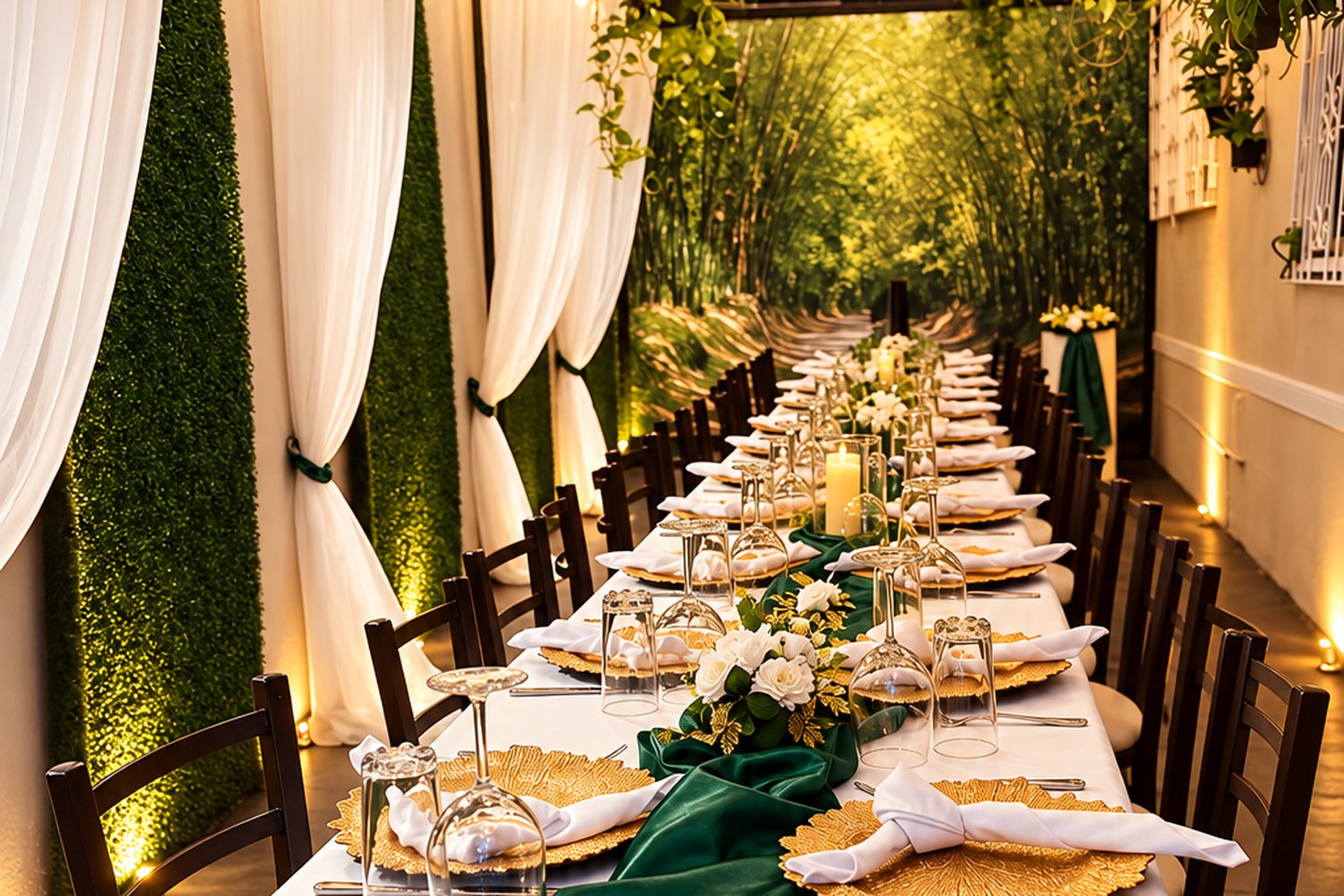 A long table set under festoon lights, with green drapes and planting either side.