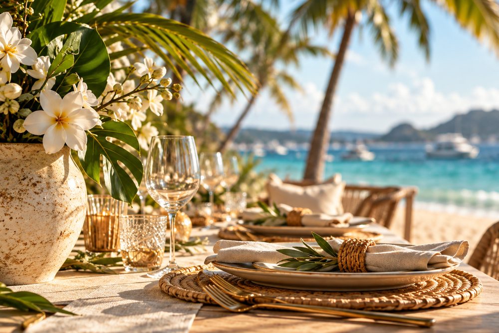A table laid for a small lunch under palms, with white flowers and the sea behind.
