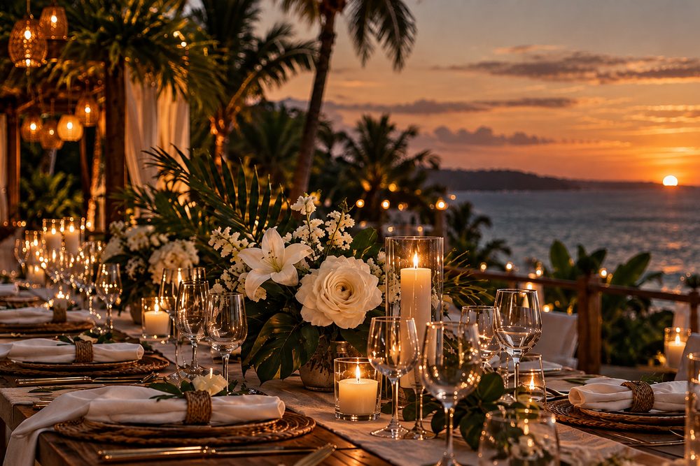 A long table laid with candles and white flowers on a terrace above the sea at sunset.